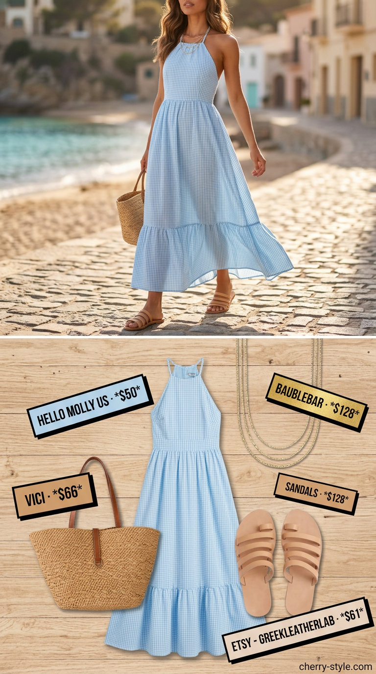 Serene sky blue halter maxi dress for women 2026, perfect for beach days and casual evenings.