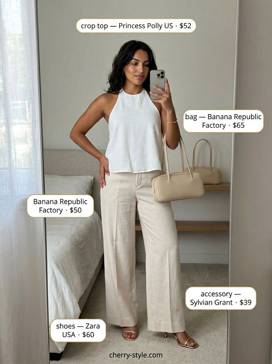 Chic summer halter neck outfits for women 2026: White crop top & cream trousers for evening.