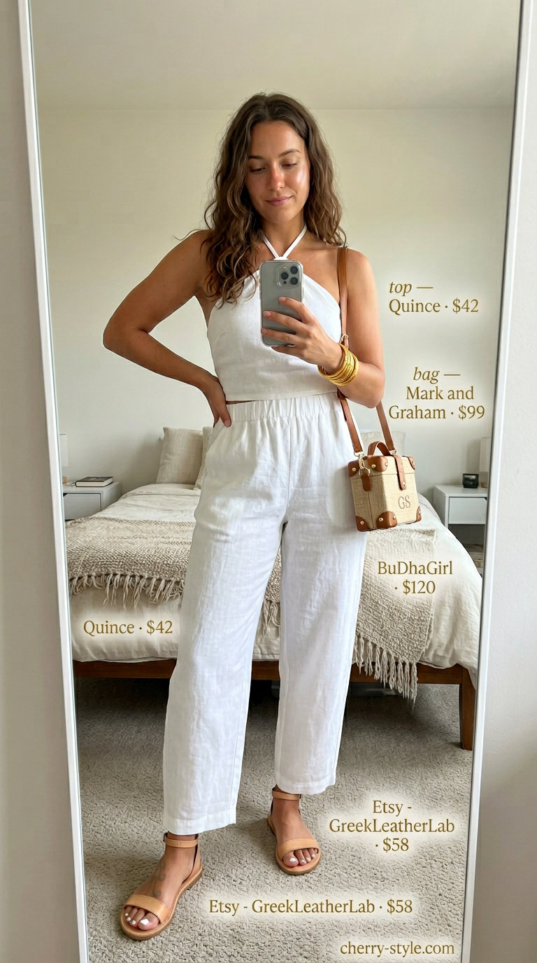 Monochrome summer halter top with wide pants outfits 2026: All white linen set with raffia bag and gold bangles.