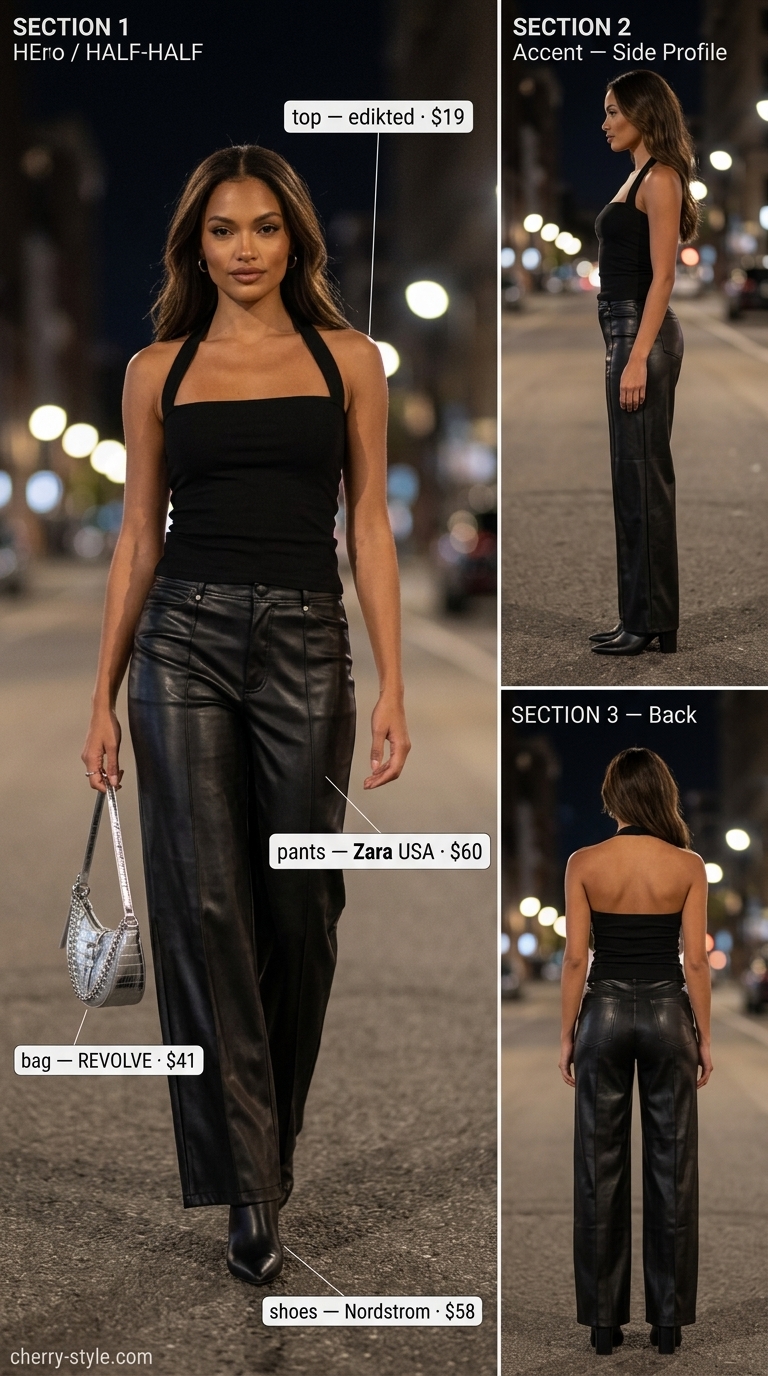 Edgy summer halter top with wide pants outfits 2026: Black faux leather pants with black halter top & silver bag.
