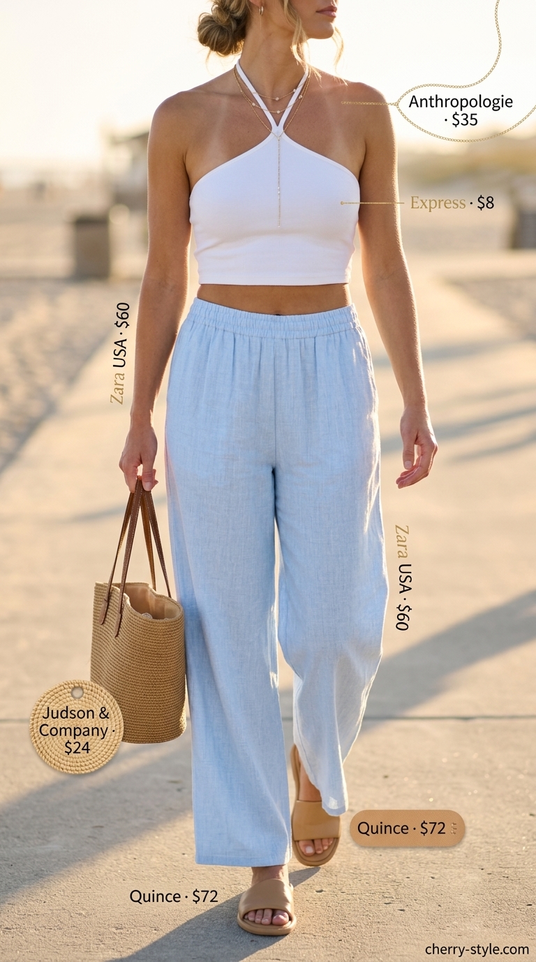 Effortless summer halter top with wide pants outfits 2026: Blue linen pants with white halter top & straw bag.