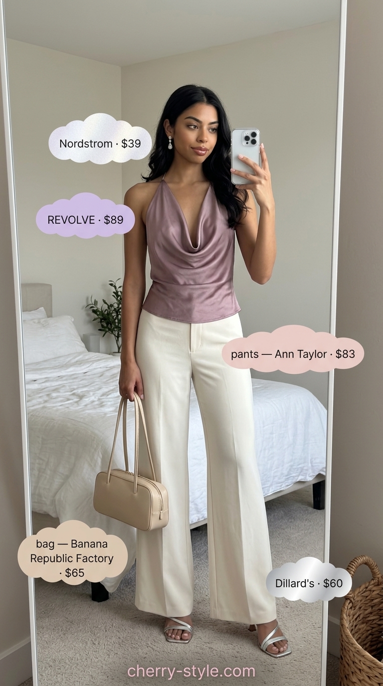 Romantic summer halter top with wide pants outfits 2026: Blush pink halter top with cream wide pants & silver heels.
