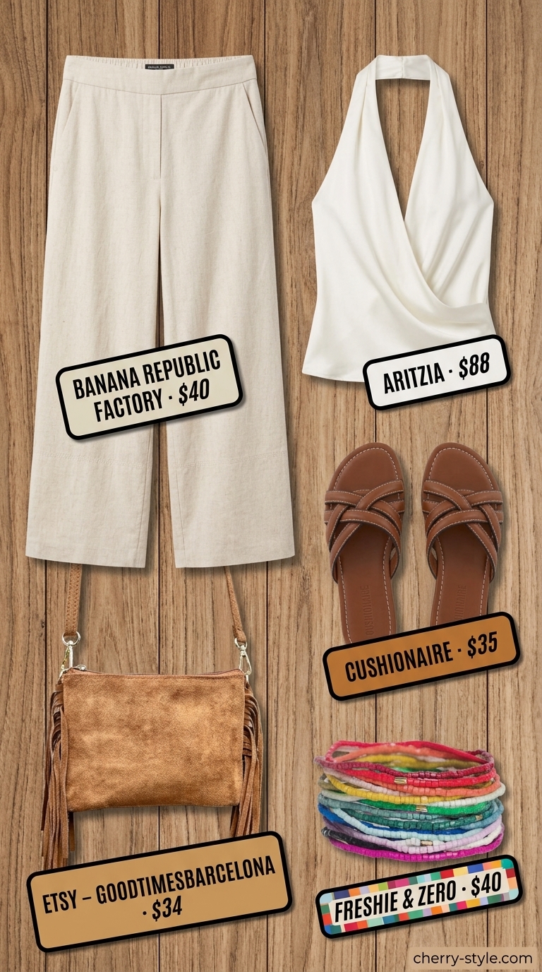 Bohemian summer halter top with wide pants outfits 2026: Maxi skirt, cream halter camisole, suede bag.