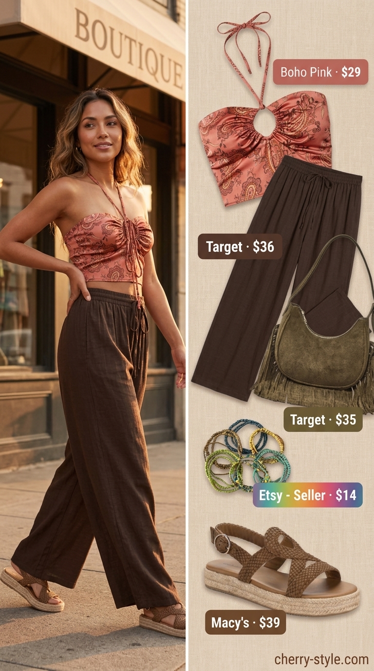 Boho terracotta paisley halter crop top with brown wide-leg pants outfit 2026 for festivals.