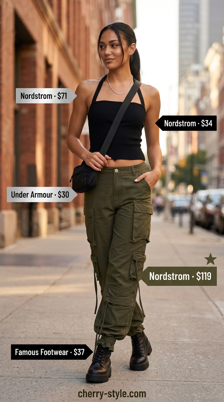 Edgy summer halter top with wide pants outfits 2026: Olive green cargo pants, black halter top, combat boots.