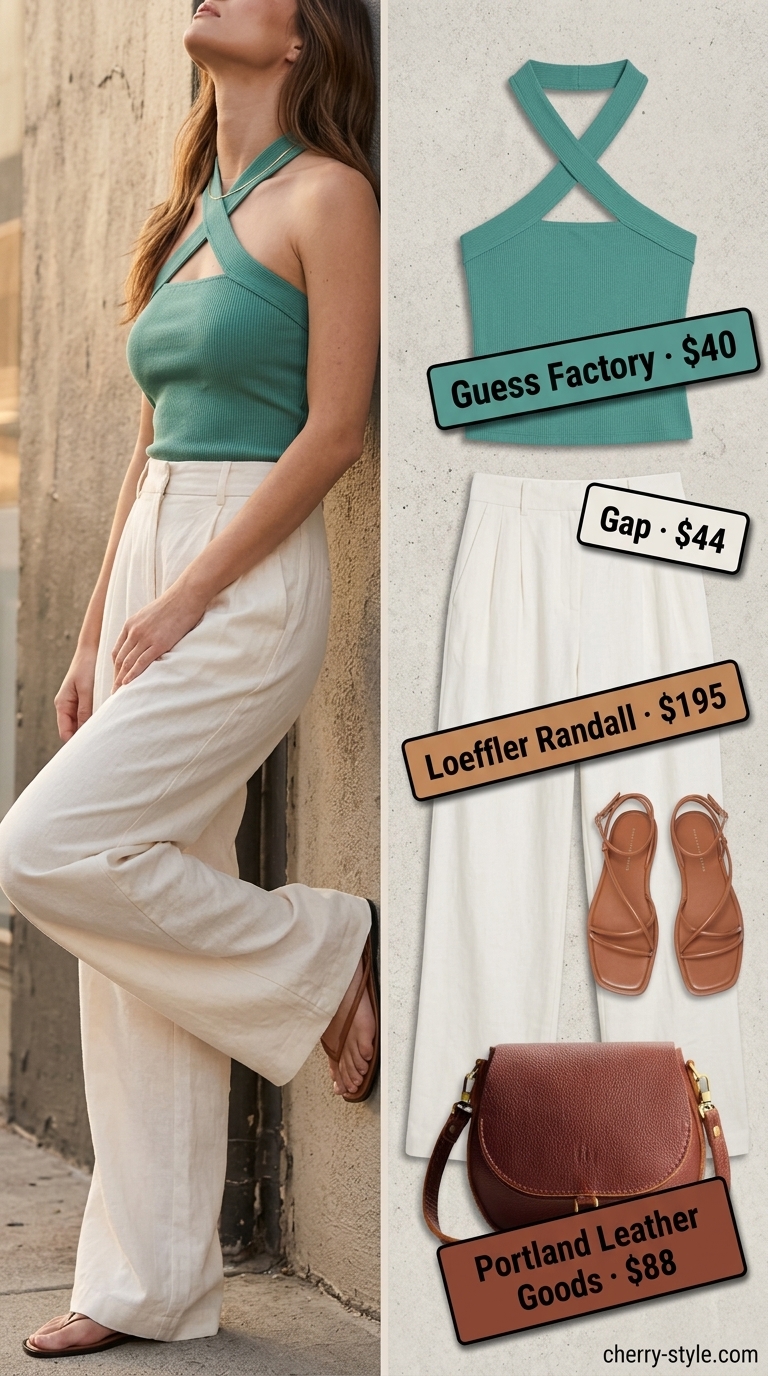 Chic summer halter top with wide pants outfits 2026: White linen pants, emerald green halter top, tan sandals for city sightseeing.