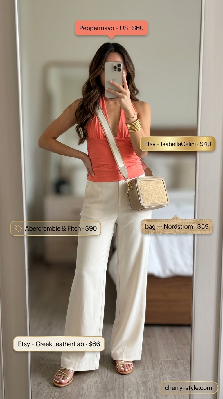 Vibrant summer halter top with wide pants outfits 2026: Coral halter top with cream wide pants & gold sandals.