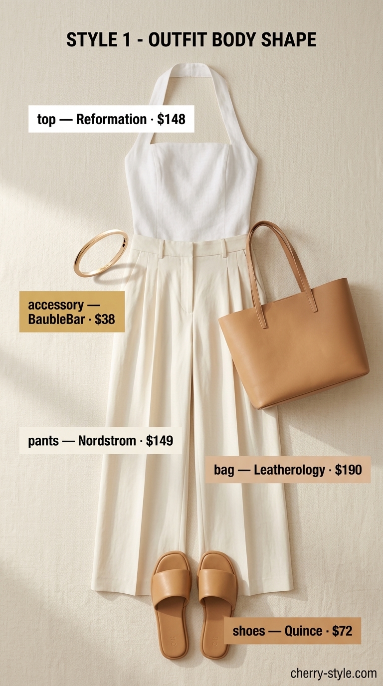 Sophisticated summer halter top with wide pants outfits 2026: Cream linen set with wide leg trousers & halter top.