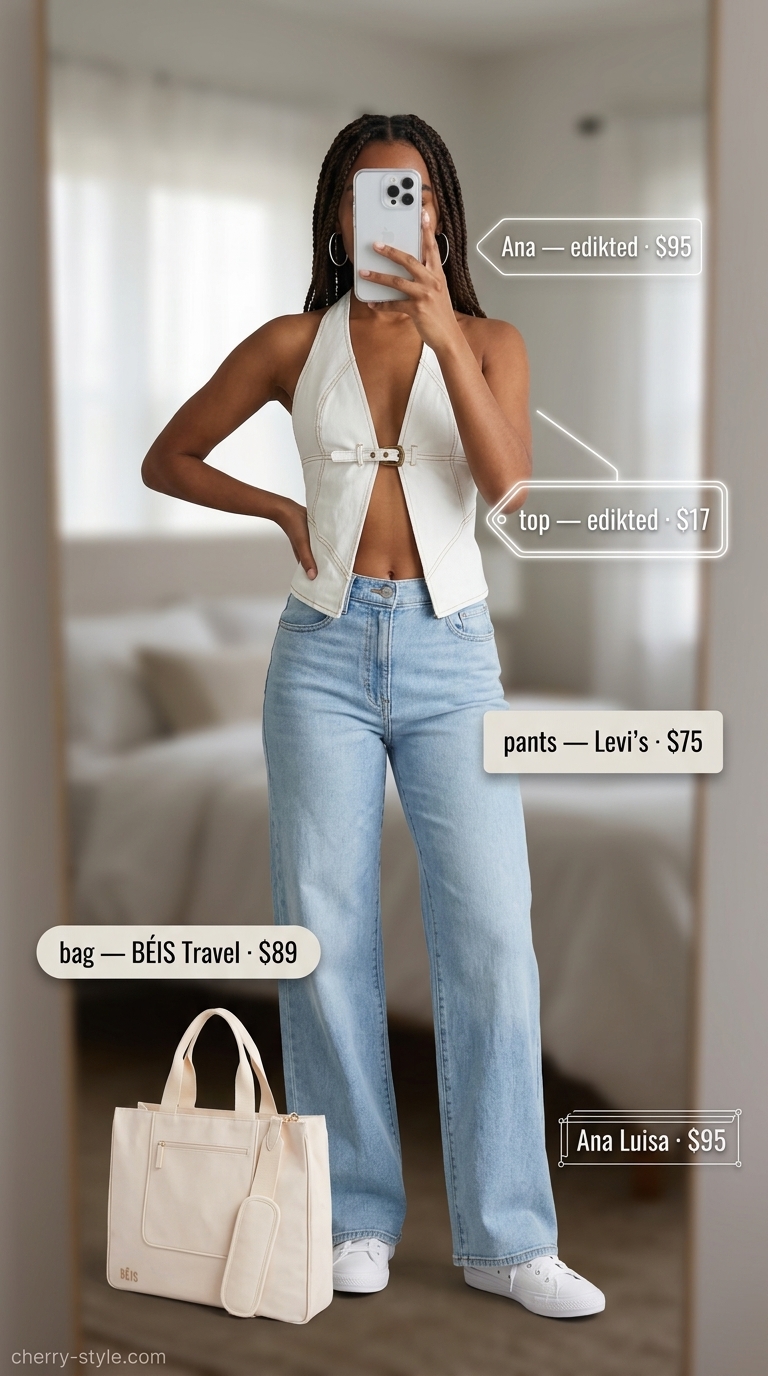 Casual summer halter top with wide pants outfits 2026: Denim halter top with wide leg jeans & sneakers.