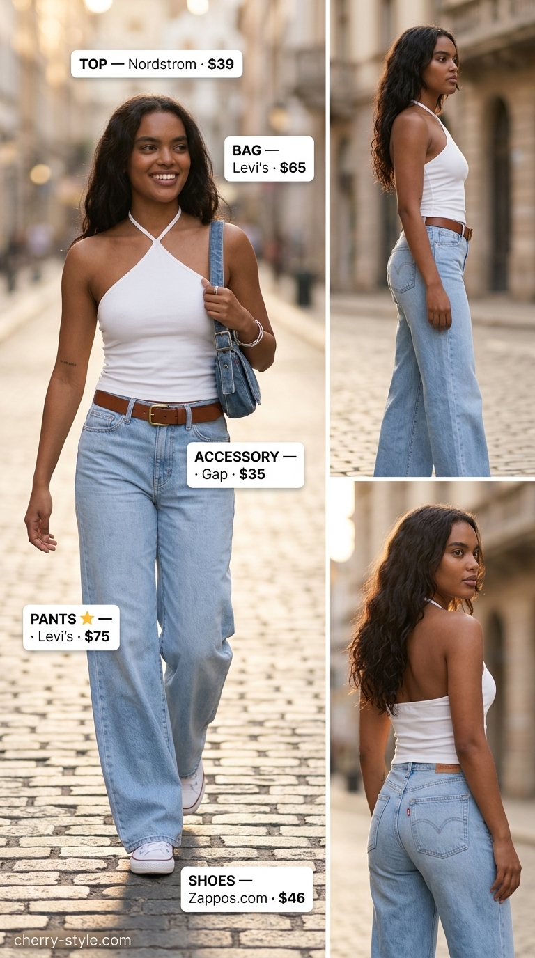 Casual white halter top with light wash denim wide jeans outfit 2026 for weekend fun.