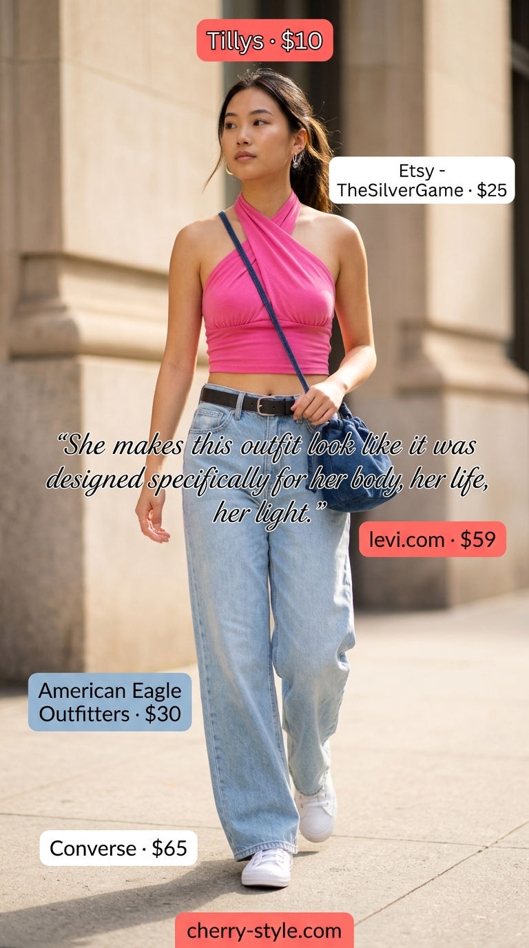 Playful summer halter top with wide pants outfits 2026: Hot pink halter top, denim skirt, white sneakers.