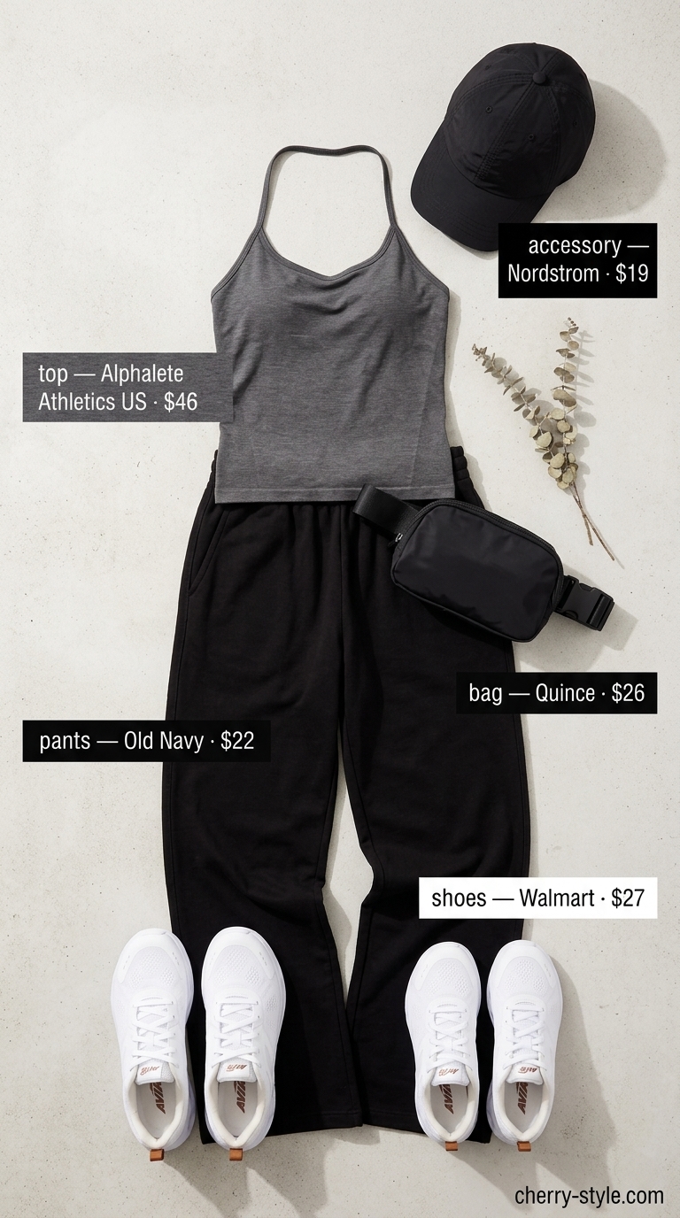 Comfortable summer halter top with wide pants outfits 2026: Grey athletic halter top with black track pants.