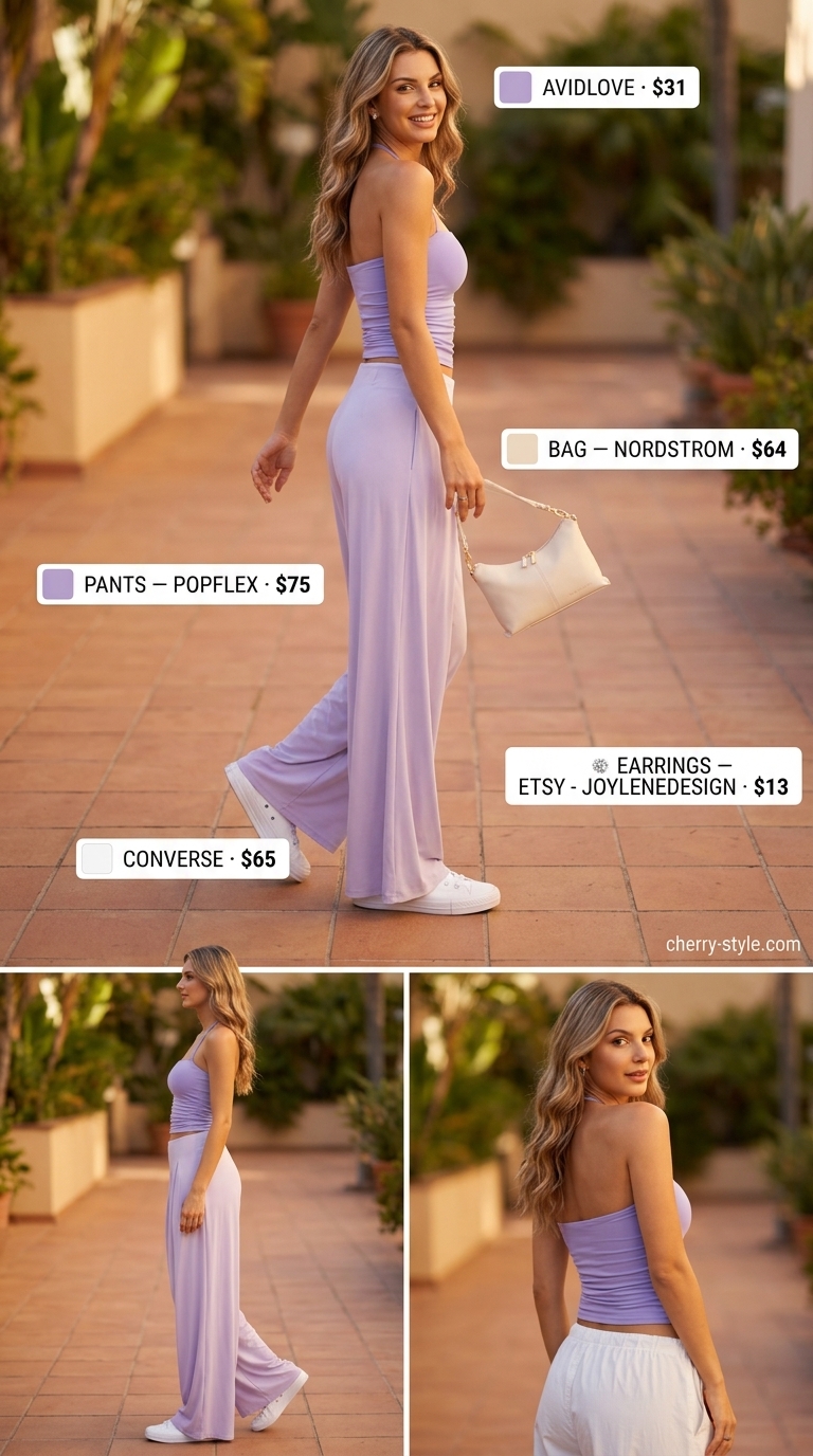Feminine summer halter top with wide pants outfits 2026: Lavender set with ruched halter top & wide pants.