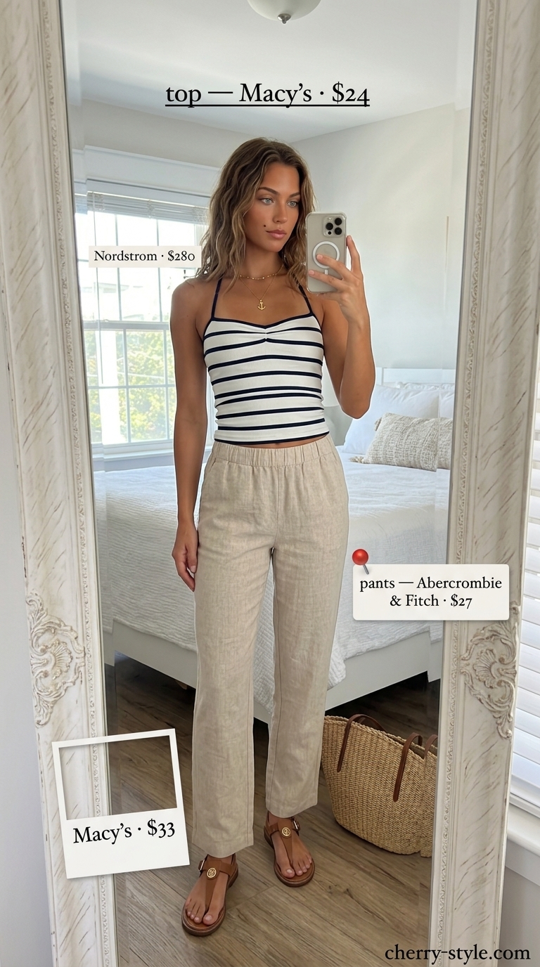 Nautical summer halter top with wide pants outfits 2026: Navy & white striped halter top with white linen pants & straw tote.