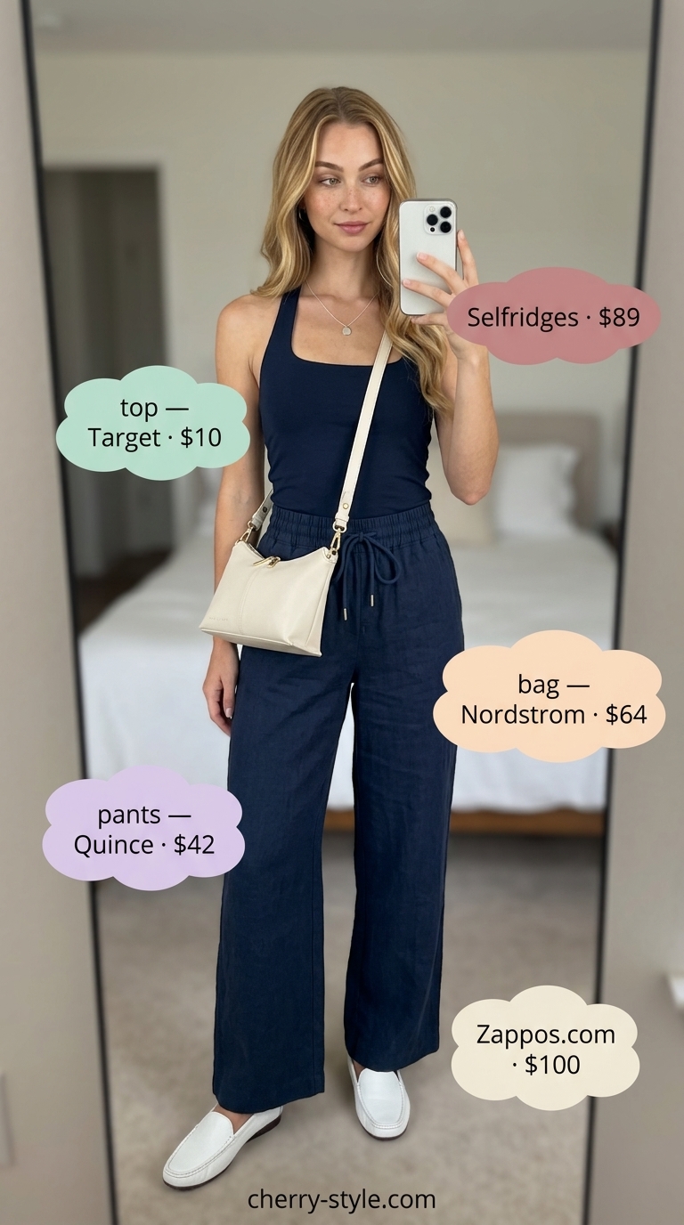 Chic navy linen wide pants with white halter top outfit 2026 for casual office & daytime events.