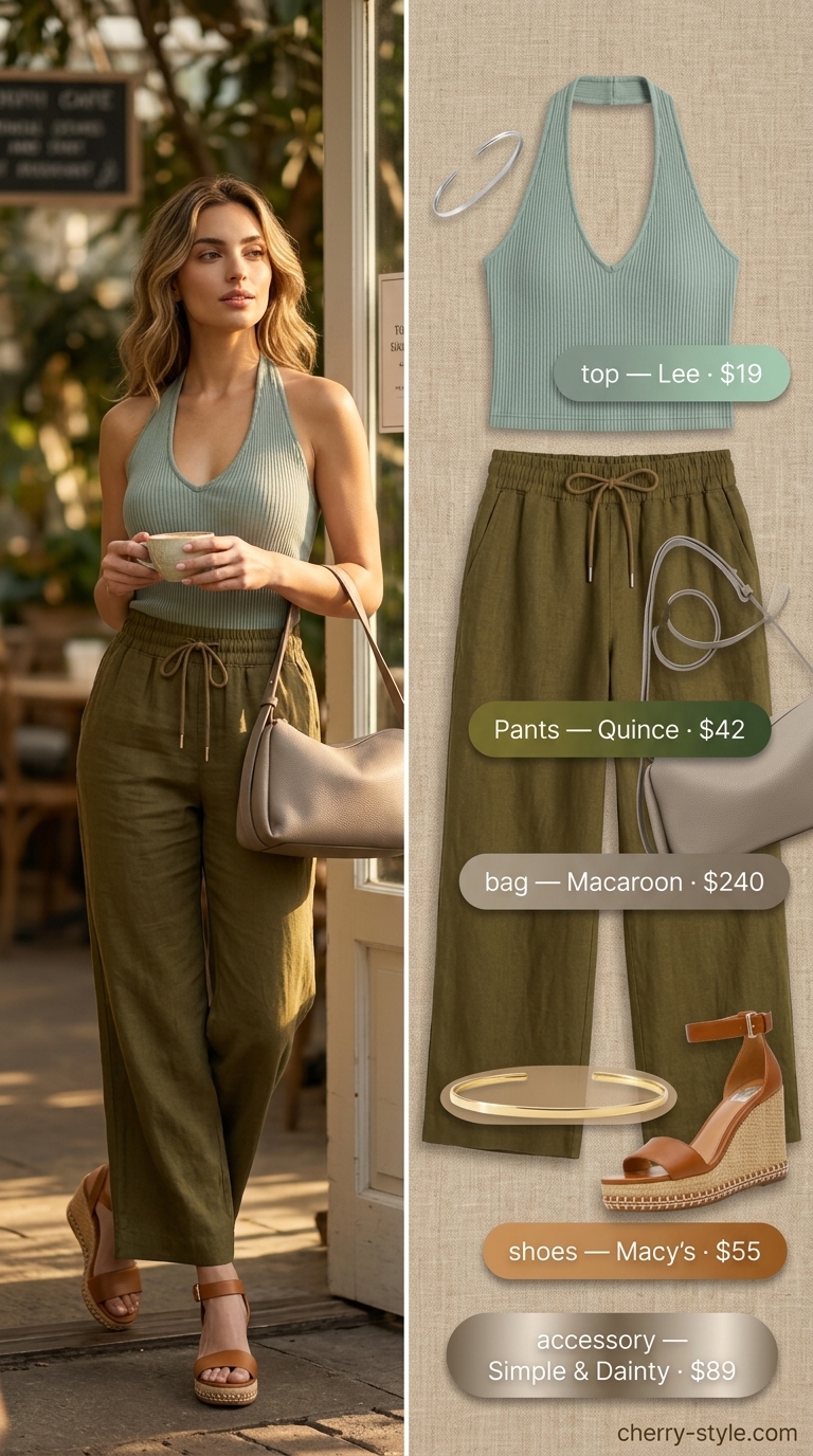 Monochromatic summer halter top with wide pants outfits 2026: Olive green linen pants & halter top.