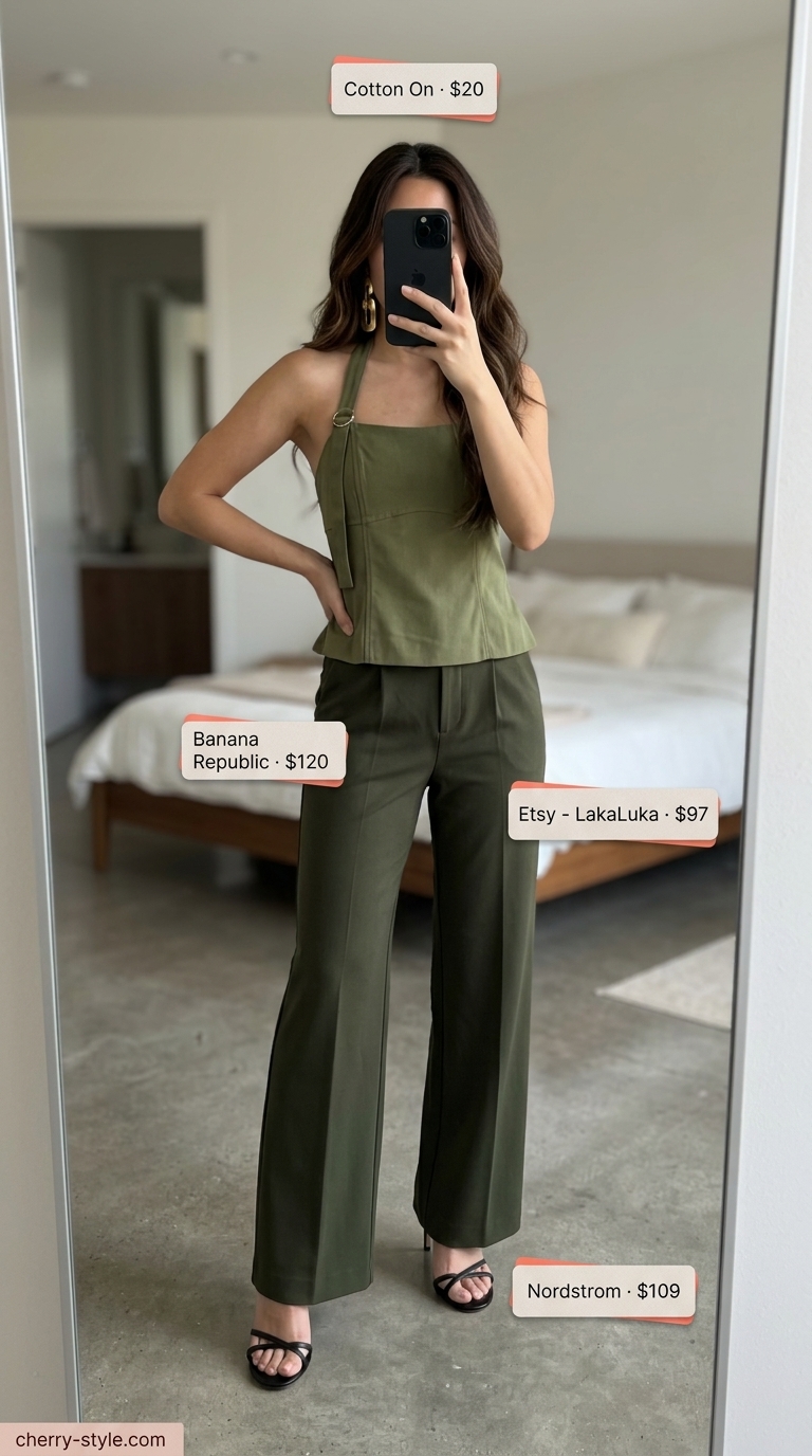 Sophisticated summer halter top with wide pants outfits 2026: Olive green wide-leg pants, halter top, heeled sandals.