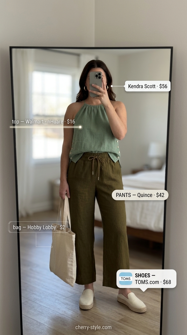 Sophisticated sage green linen halter top with olive wide pants outfit 2026 for daytime events.