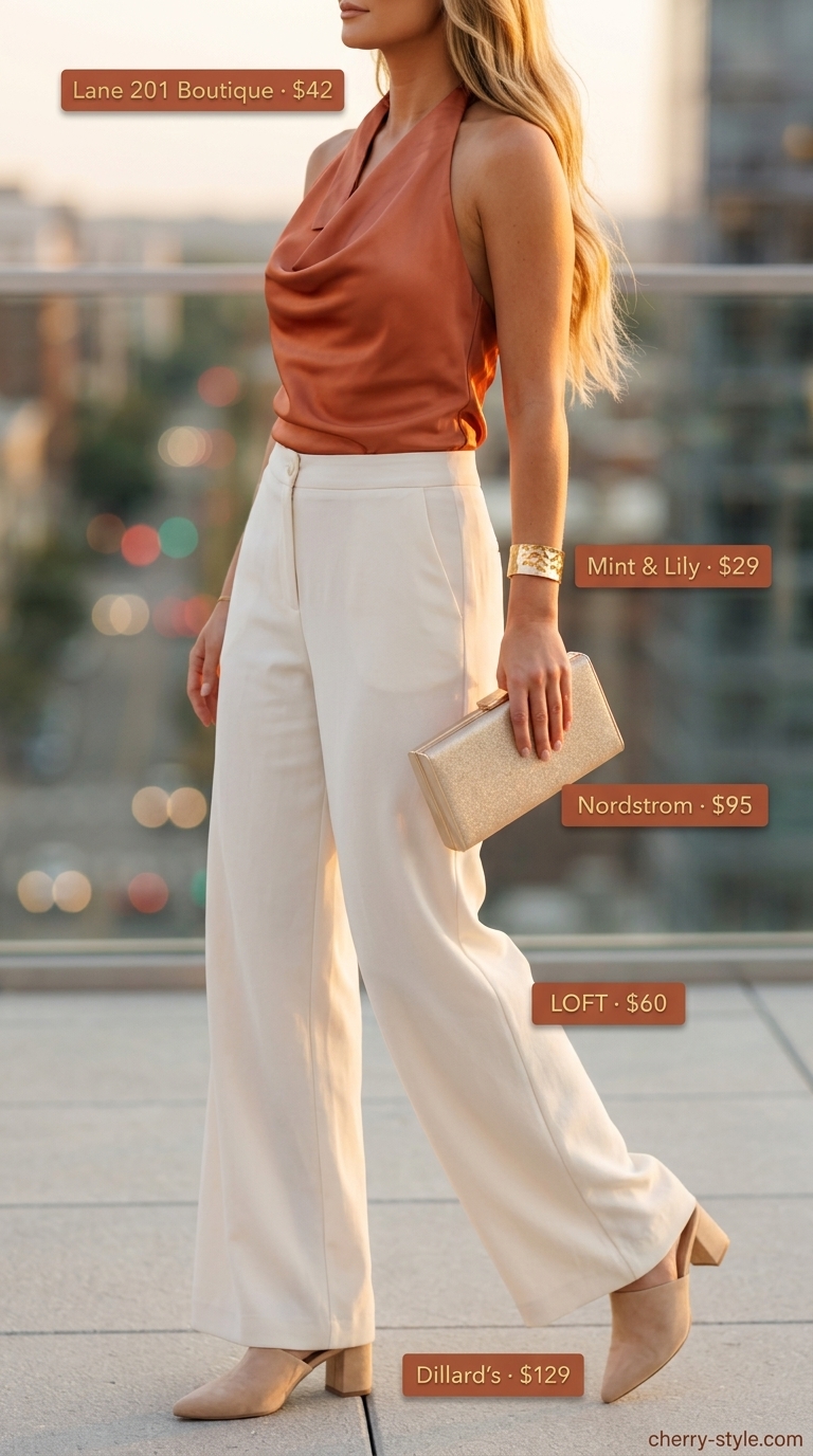 Elegant terracotta halter top with cream wide-leg trousers outfit 2026 for summer evenings.