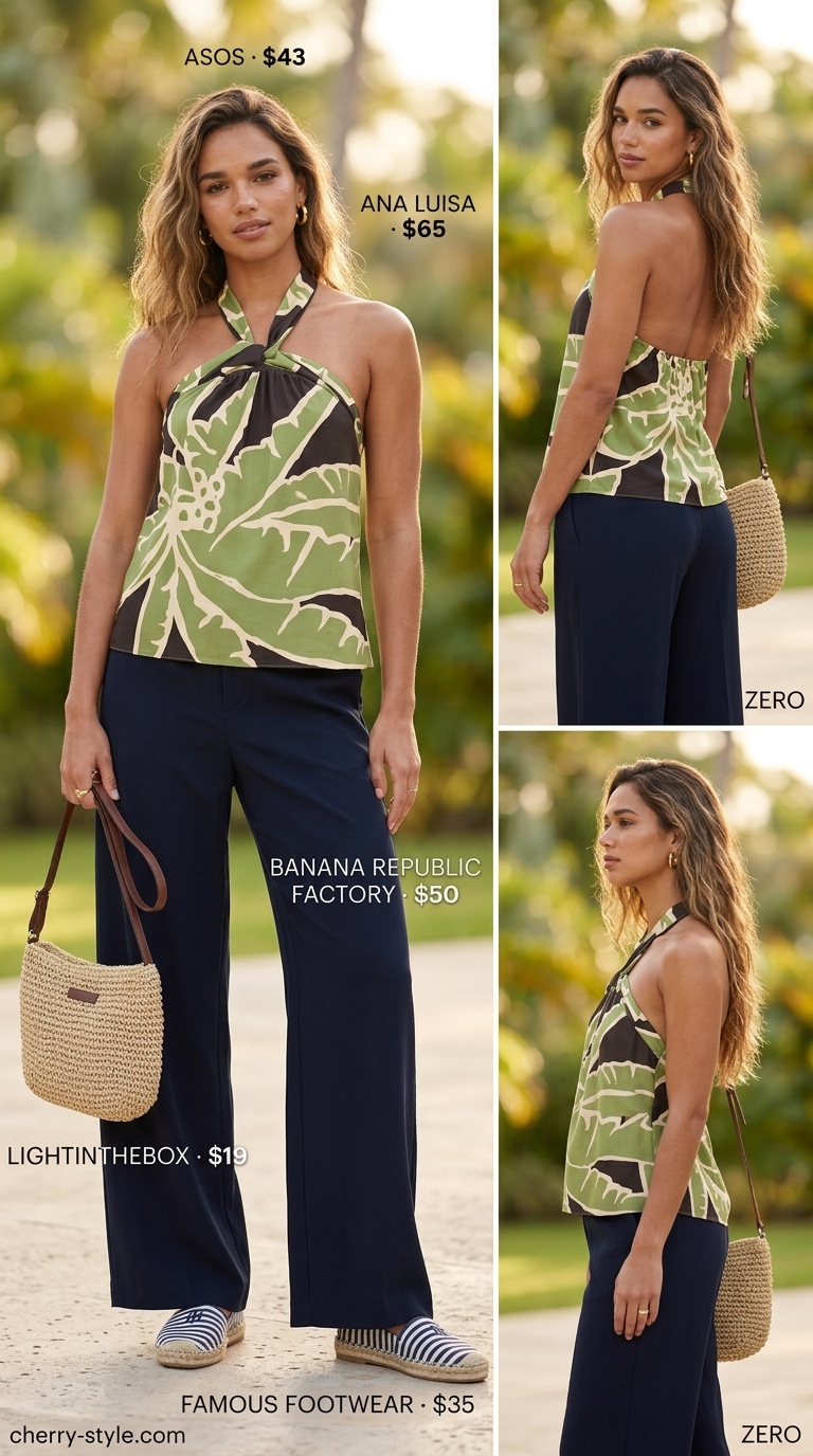 Playful tropical print halter crop top with navy wide pants outfit 2026 for vacation.