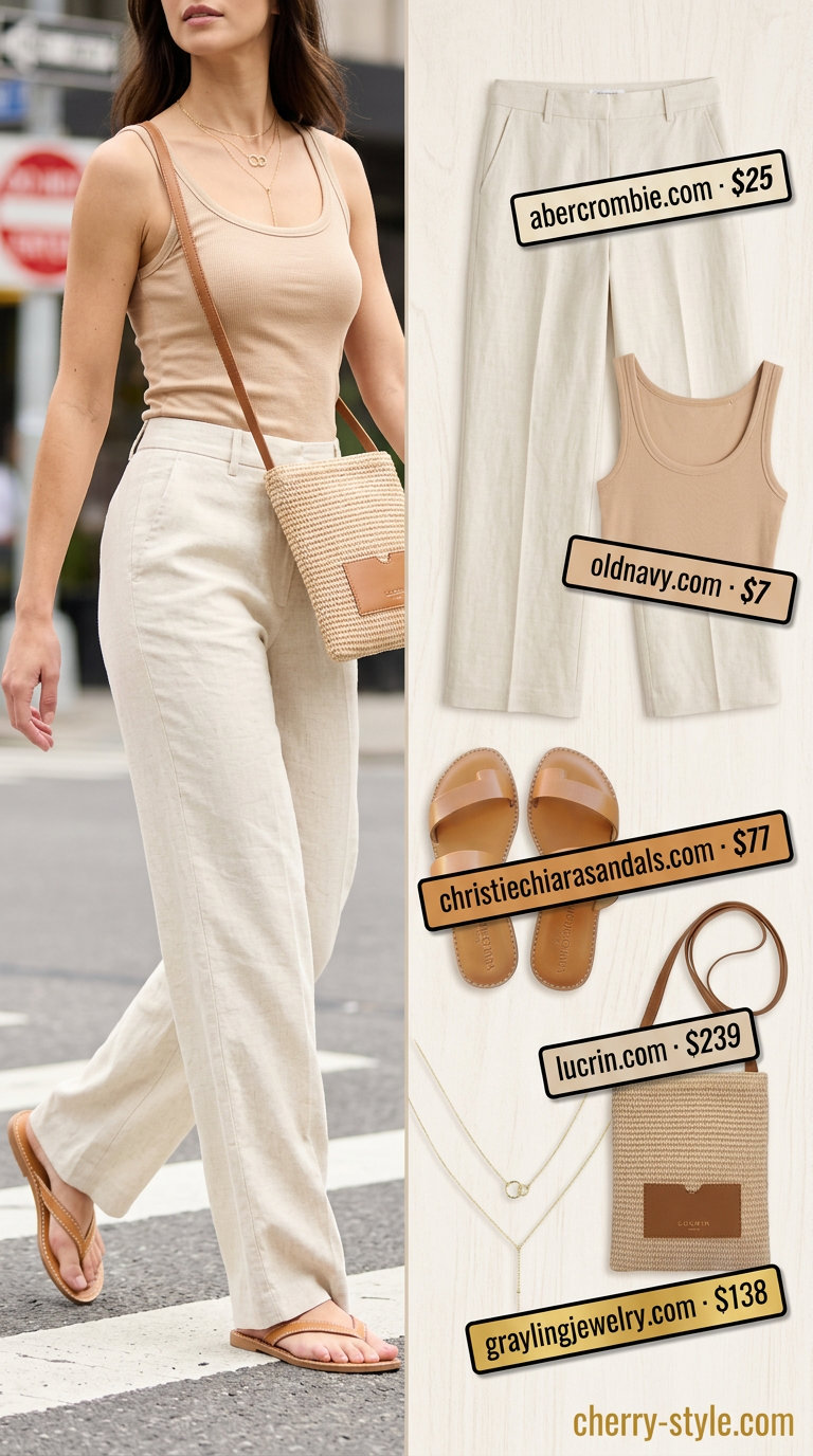 Relaxed coastal outfit with cream high-waisted linen trousers and tan tank for women 2026.