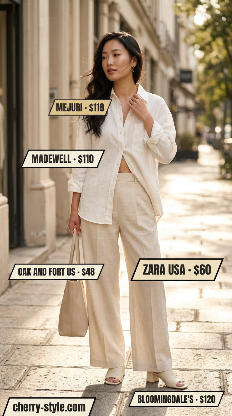 Sophisticated monochromatic outfit with light beige high-waist linen trousers for women 2026.