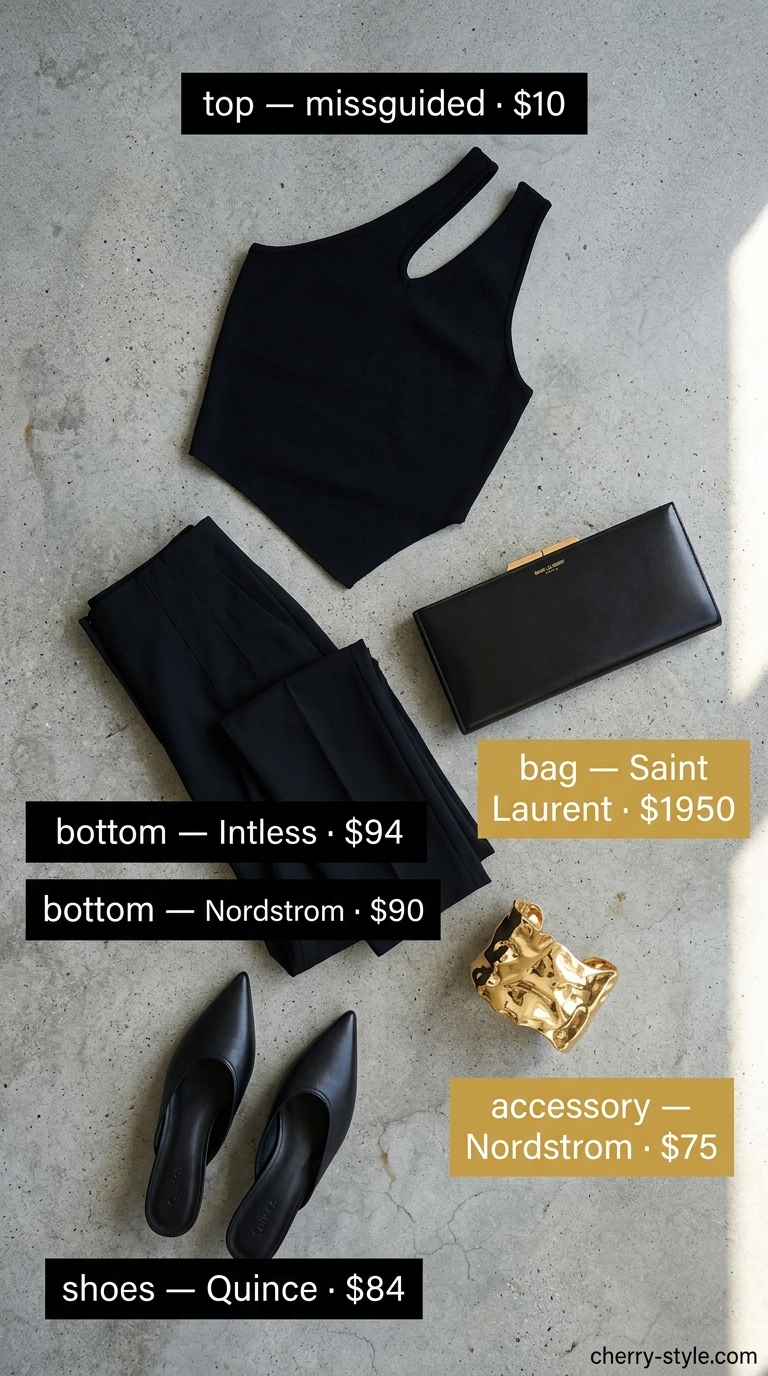 Architectural art exhibit outfit 2026: white one-shoulder cut-out top, black cigarette pants, and gold cuff.