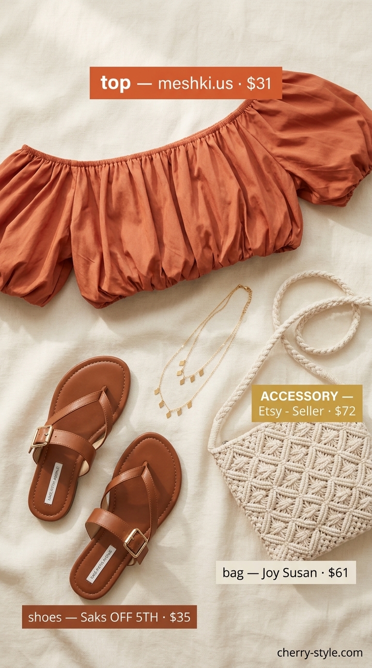 Bohemian Sunset Picnic outfit with terracotta off-shoulder top, cream tiered skirt, and macrame bag for summer 2026.