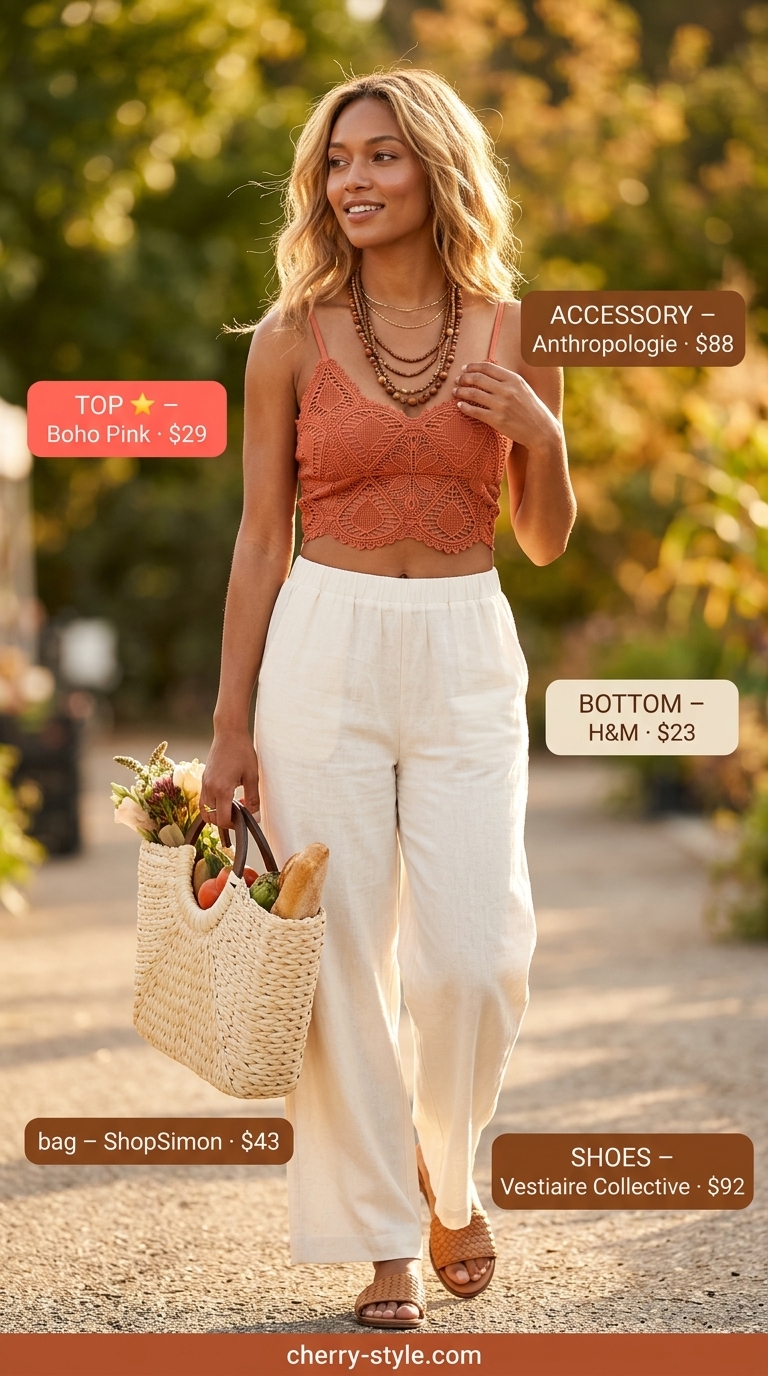 Boho Earth Goddess outfit with terracotta crochet top, cream linen pants, and straw tote for summer 2026.