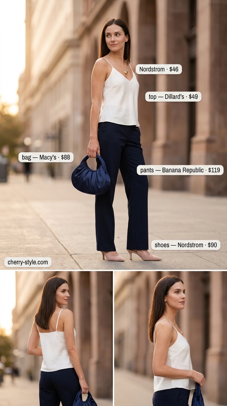 Chic City Brunch outfit with ivory satin camisole, navy trousers, and nude block heels for summer 2026.