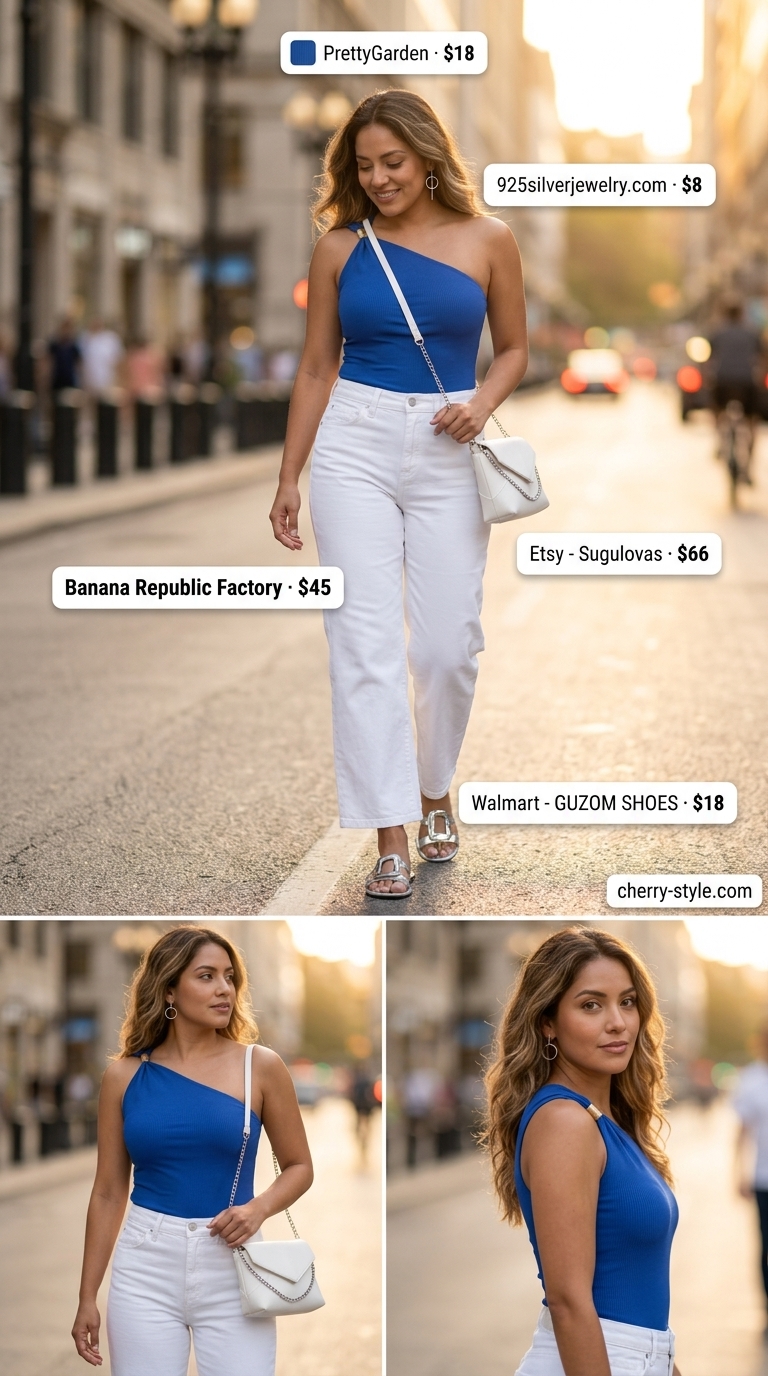 Vibrant city stroll outfit 2026: cobalt blue one-shoulder top, white straight-leg jeans, and silver flat sandals.