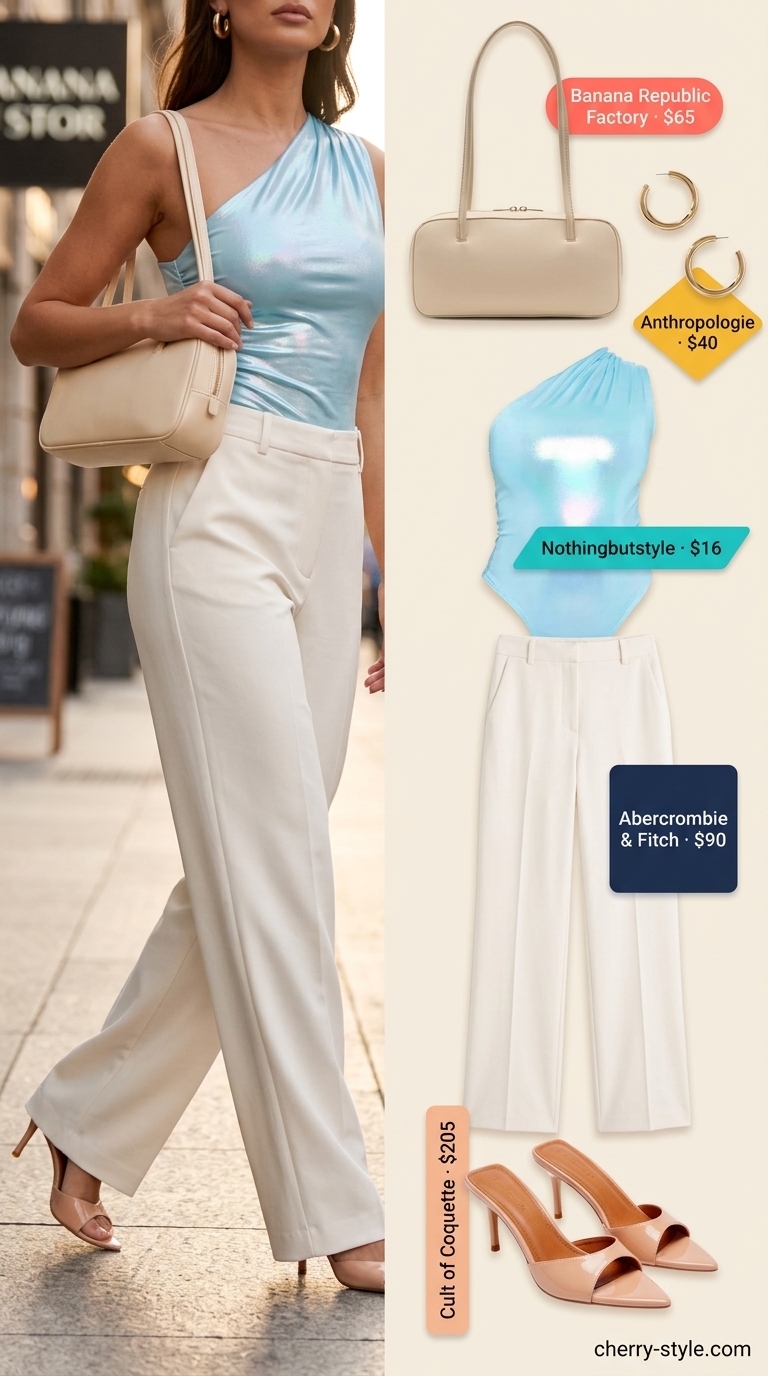 Sleek Cobalt Confidence outfit with blue bodysuit, cream trousers, and gold hoops for summer 2026.