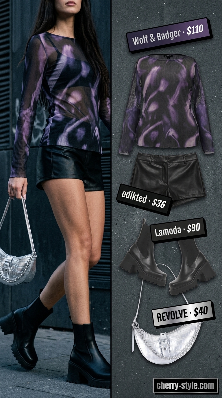Provocative sheer deep purple mesh top with black bralette, faux leather shorts, and platform boots. Summer hot tops outfit 2026 for festival.