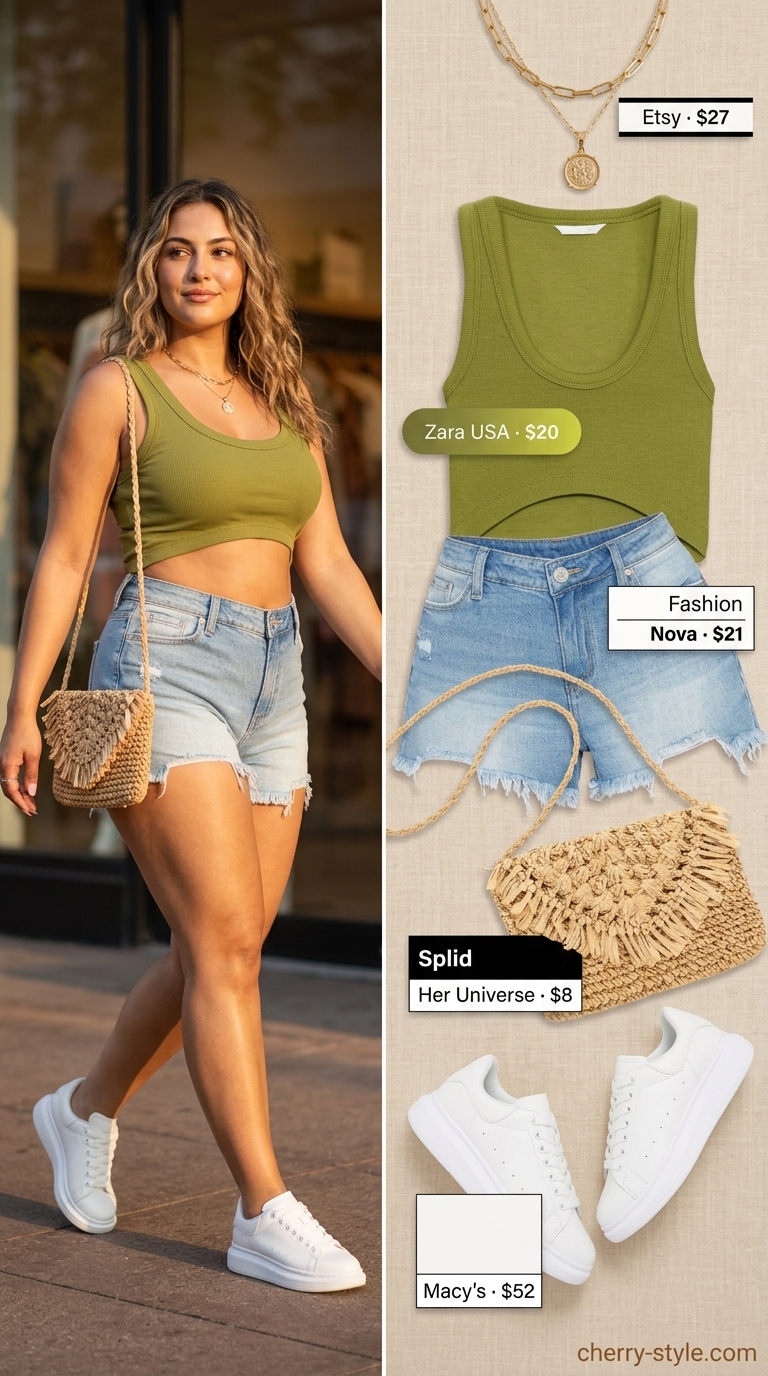 Festival outfit 2026 with olive green knit crop top, distressed denim shorts, and straw crossbody bag.