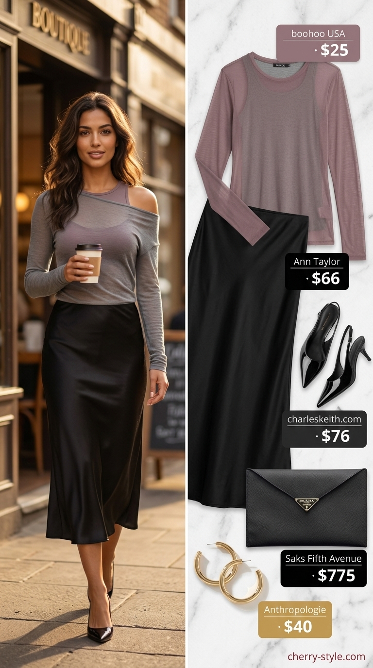 Artsy gallery opening outfit 2026: sheer charcoal blouse, black satin midi skirt, and gold statement earrings.