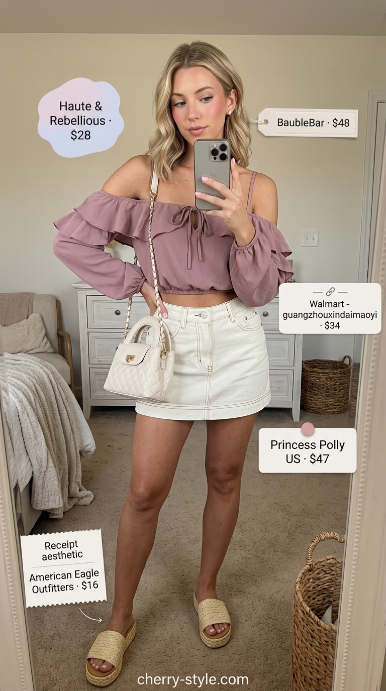 Flirty coral off-shoulder ruffle top with white denim mini skirt and espadrille slides. Summer hot tops outfit 2026 for garden party.