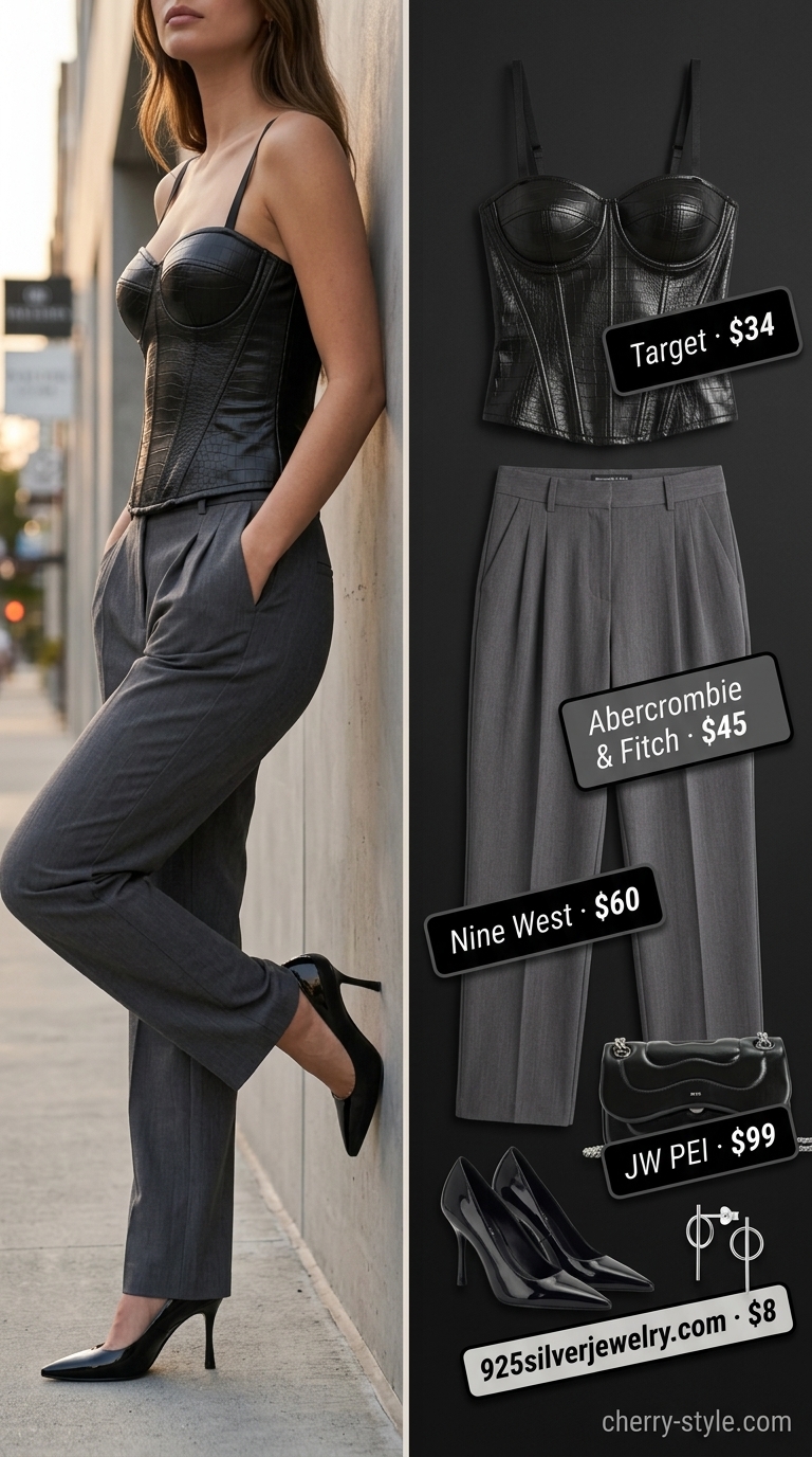 Edgy Midnight Allure outfit with black corset top, charcoal trousers, and metallic heels for summer 2026.