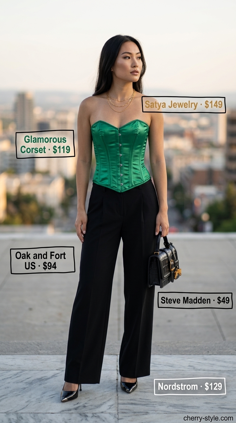 Sophisticated emerald green satin corset top with black wide-leg trousers and heels. Summer hot tops outfit 2026 for date night.