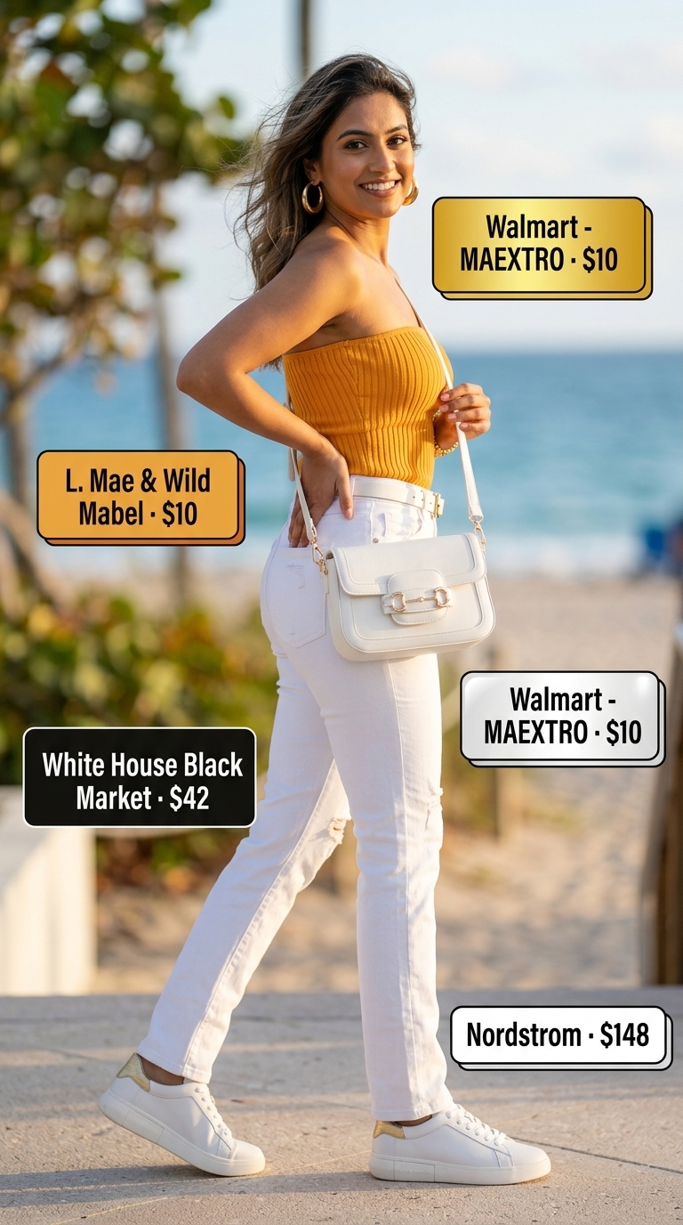 Playful bright orange tube top with distressed white jeans and platform sneakers. Summer hot tops outfit 2026 for a party.