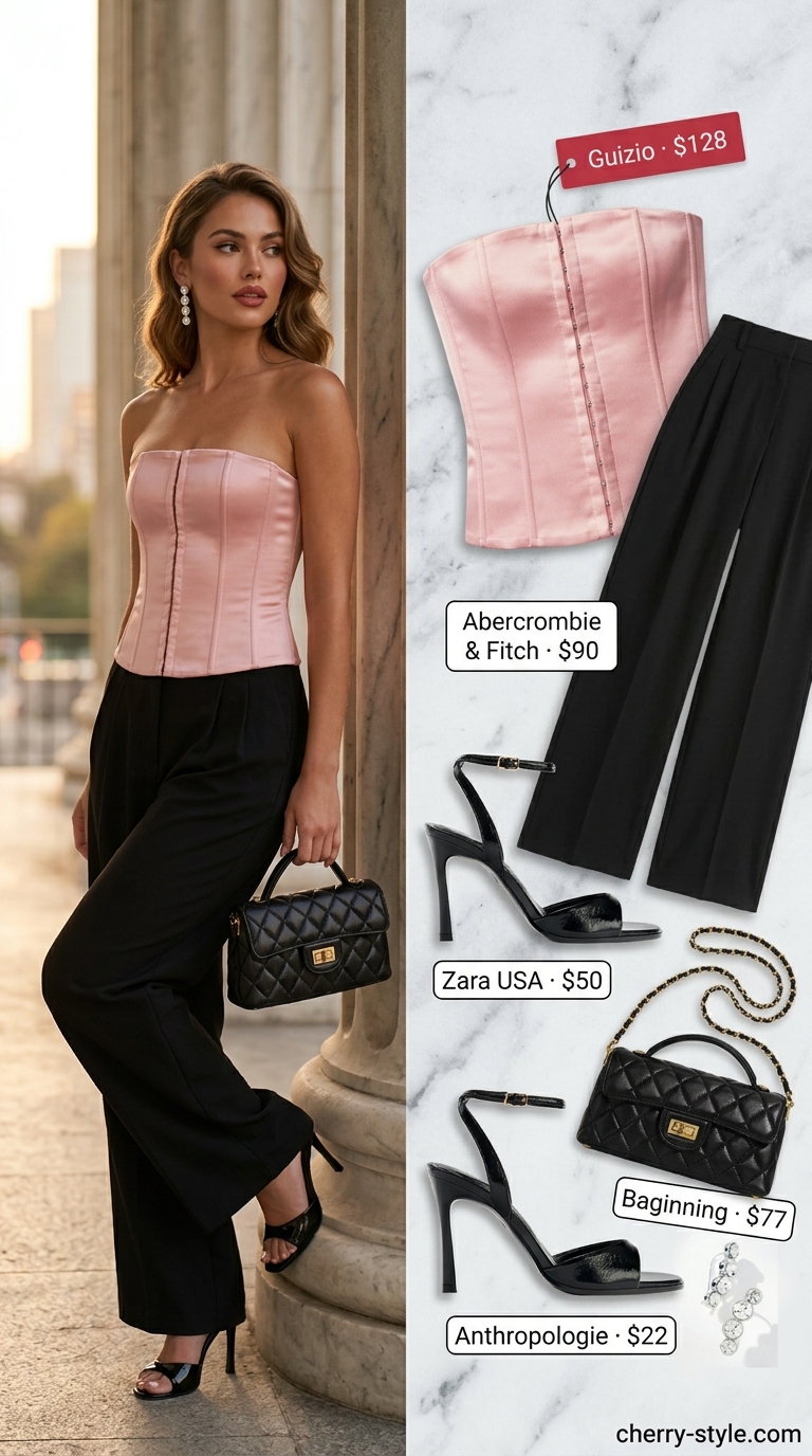 Midnight rooftop rendezvous outfit 2026: dusty rose corset top, black wide-leg trousers, and strappy sandals.