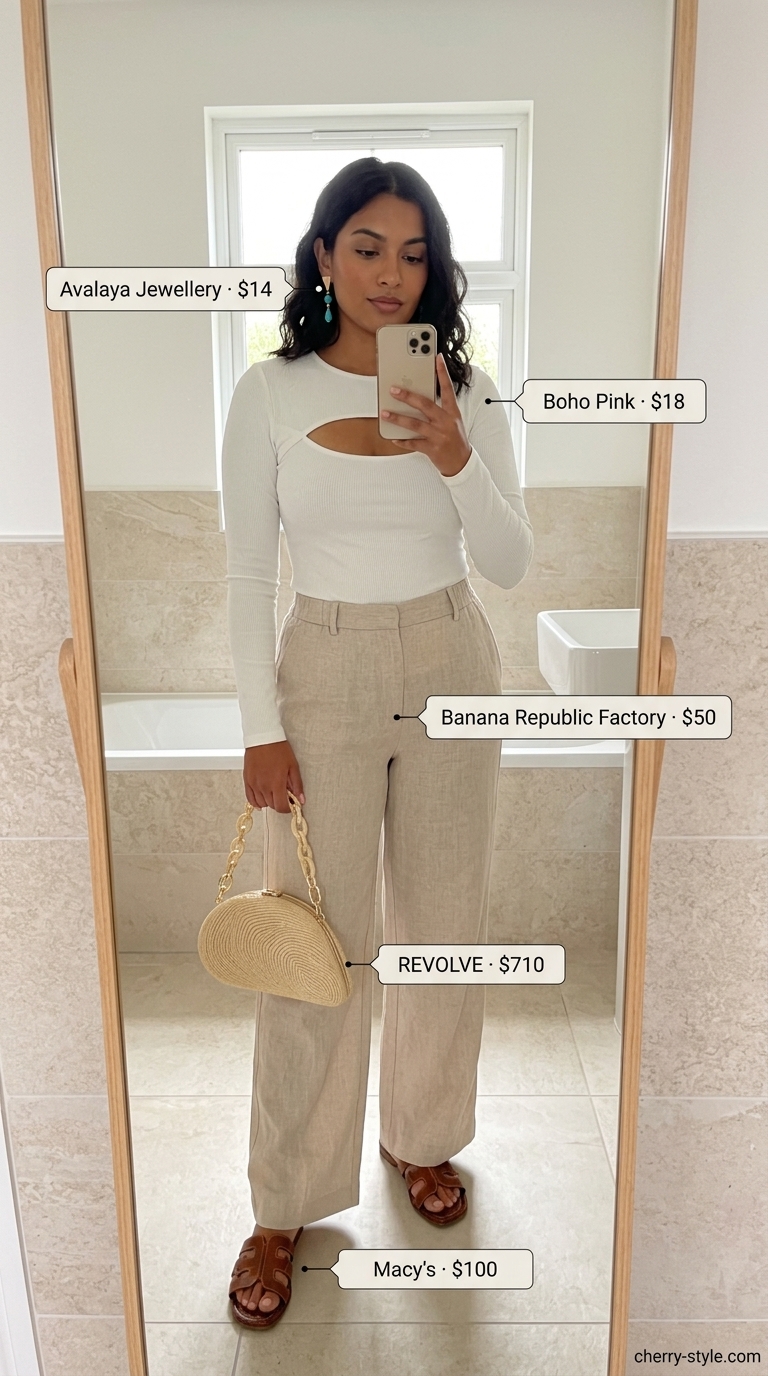 Santorini evenings outfit 2026: white backless crop top, tan linen pants, and woven raffia clutch.