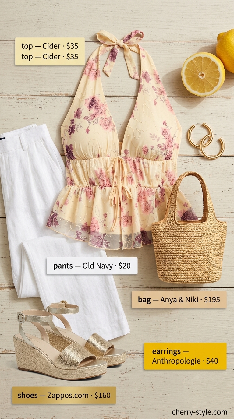 Tropical resort dinner outfit 2026 featuring a multicolor floral halter top, white linen pants, and espadrille wedges.