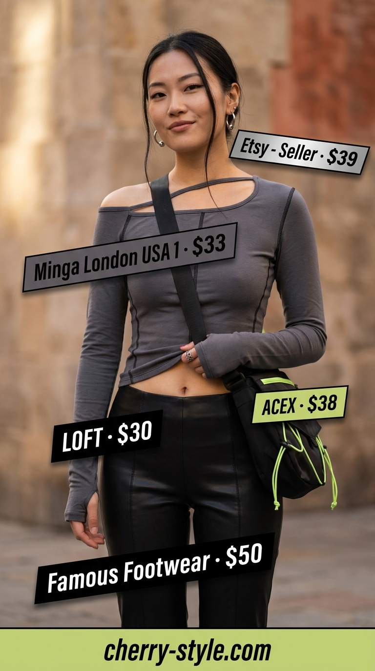 Bold Urban Edge Beat outfit with charcoal cut-out top, black faux leather pants, and platform boots for summer 2026.