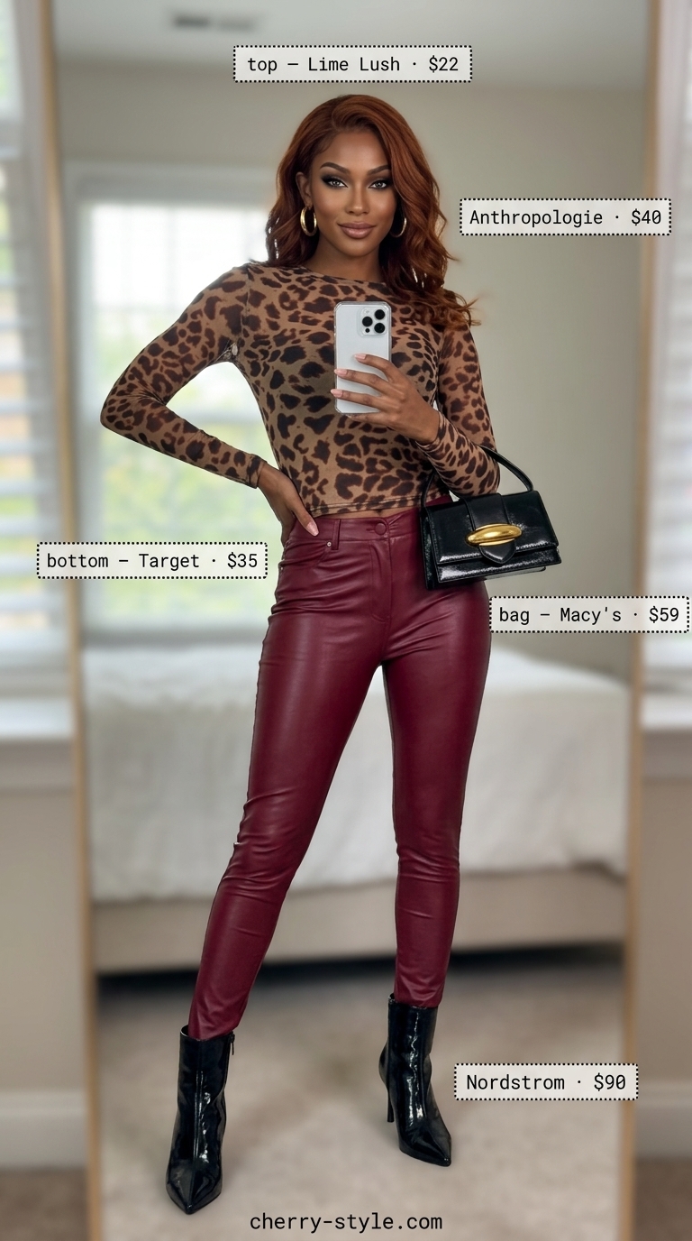 Fierce leopard print mesh bodysuit with faux leather pants and ankle boots. Summer hot tops outfit 2026 for girls' night out.