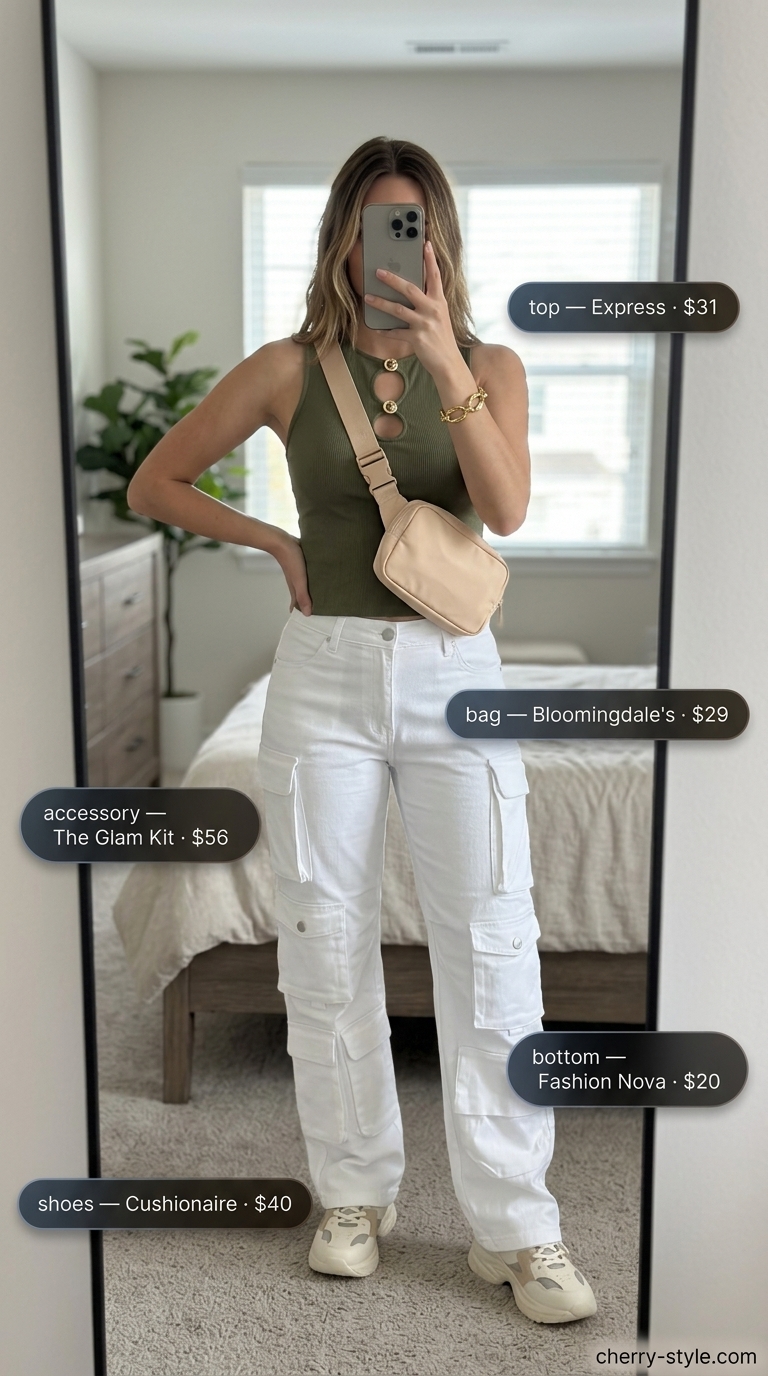 Urban Safari Chic outfit with olive green ribbed tank top, white cargo pants, and canvas belt bag for summer 2026.