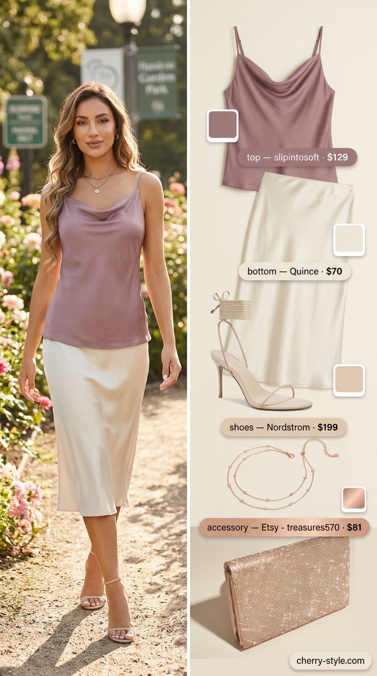 Elegant summer hot tops outfit for women 2026: Blush pink cowl neck camisole, cream satin midi skirt, rose gold necklace.