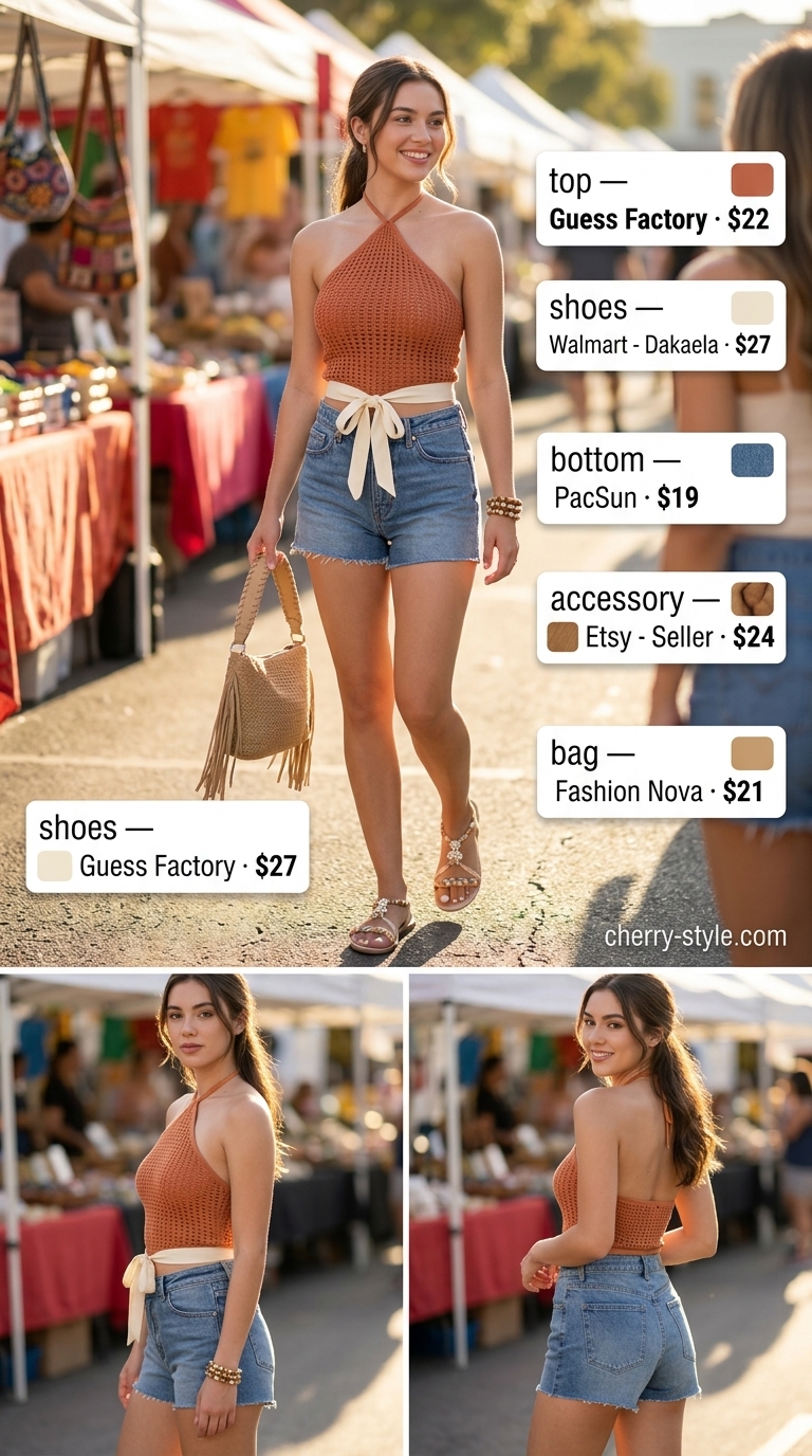 Playful summer hot tops outfit for women 2026: Terracotta crochet halter top, denim shorts, braided sandals.