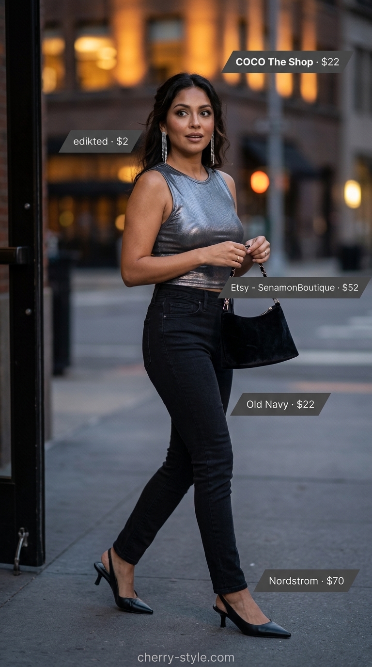 Glamorous summer hot tops outfit for women 2026: Silver metallic crop top, black high-waist jeans, rhinestone earrings.