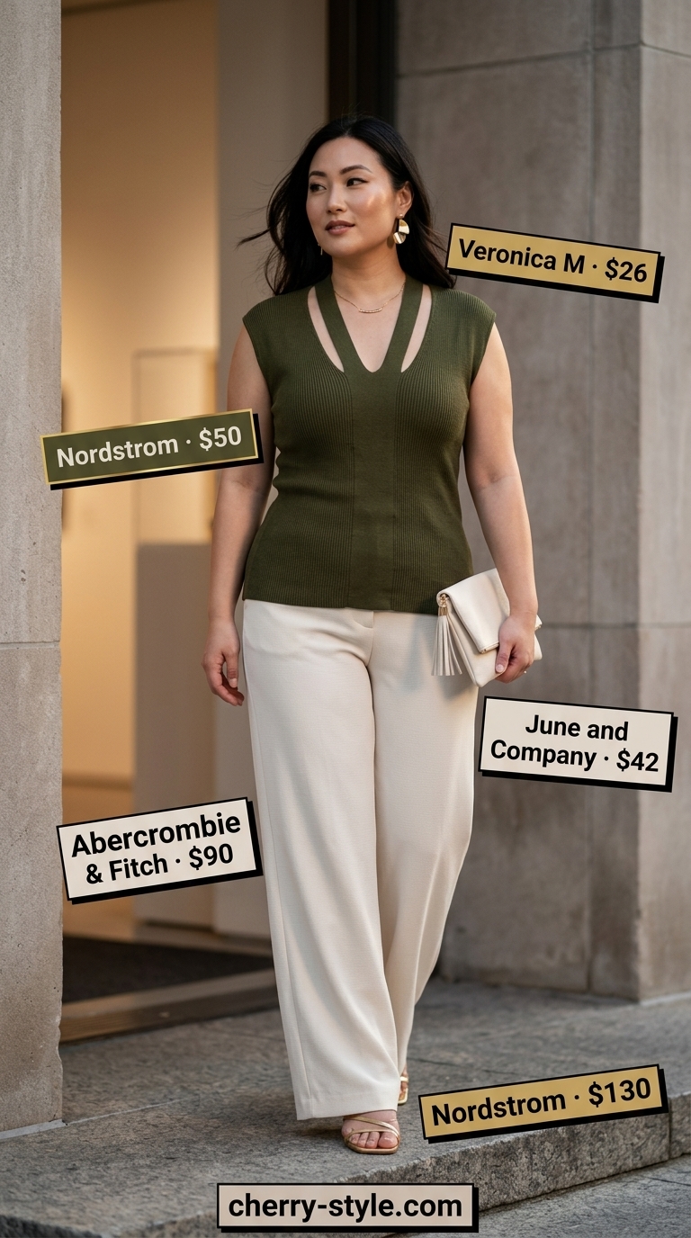Sophisticated summer hot tops outfit for women 2026: Olive green ribbed knit top with cut-outs, cream wide-leg trousers, gold earrings.