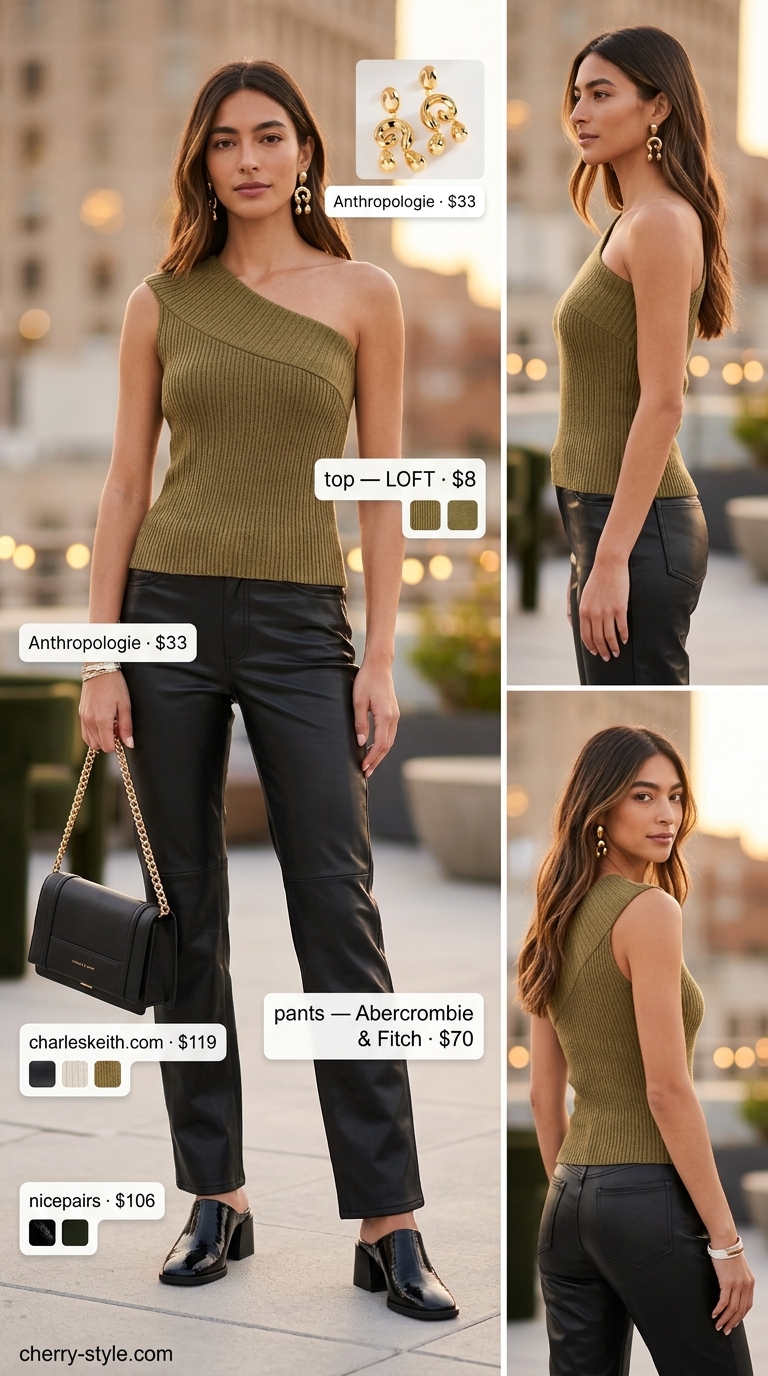 Chic summer hot tops outfit for women 2026: Olive green one-shoulder top, black faux leather pants, gold statement earrings.